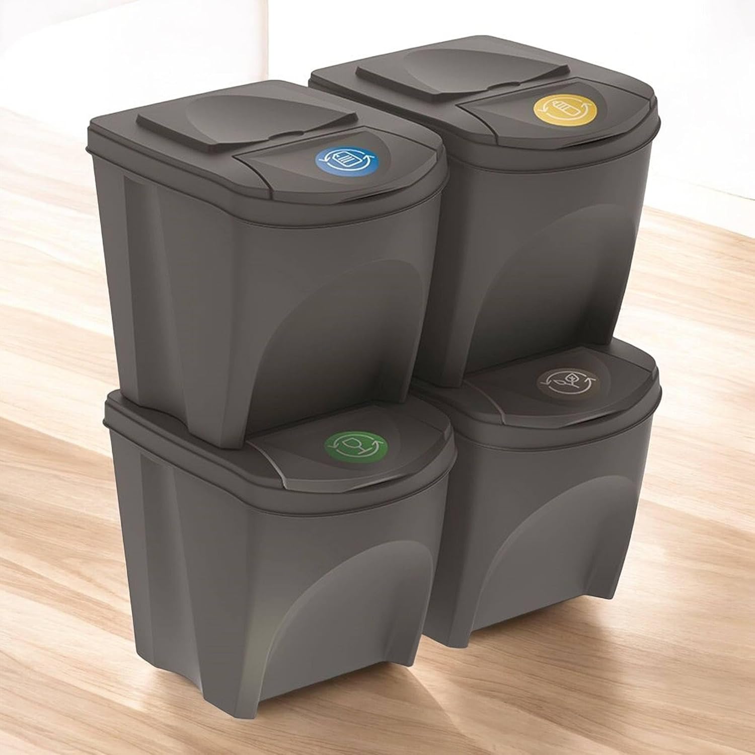 Well Home - Set of 4 Waste Bins - Grey Recycle Bin 4 x 25L