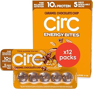 CirC Energy Bites - 12 Pack Caramel Chocolate Chip Gluten Free Protein Balls - 10g Protein, Whole Grains, Nuts & Fruit - Portable Healthy Snacks for Adults & Kids, 5 Piece Resealable Packs