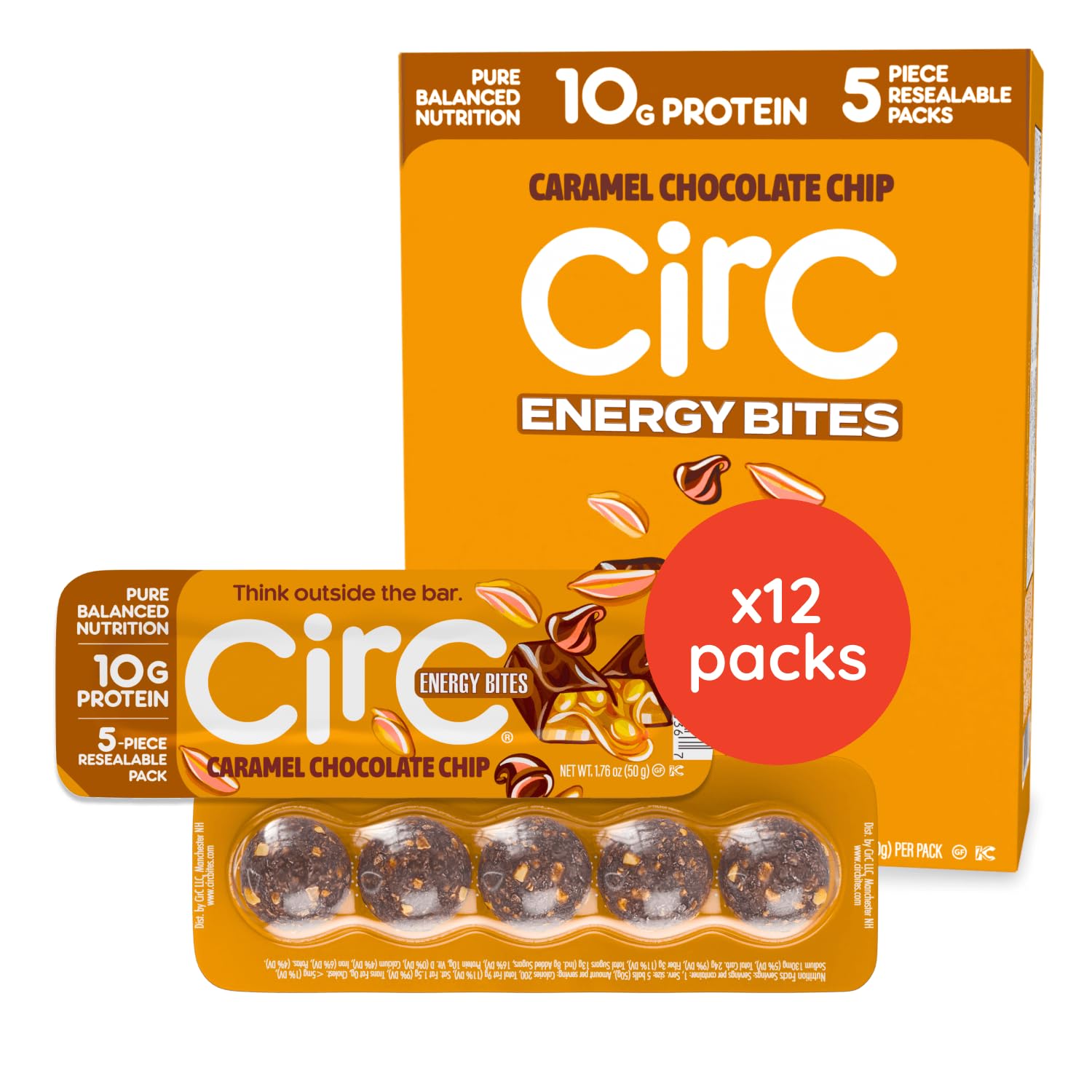 CirC Energy Bites - 12 Pack Caramel Chocolate Chip Gluten Free Protein Balls - 10g Protein, Whole Grains, Nuts & Fruit - Portable Healthy Snacks for Adults & Kids, 5 Piece Resealable Packs