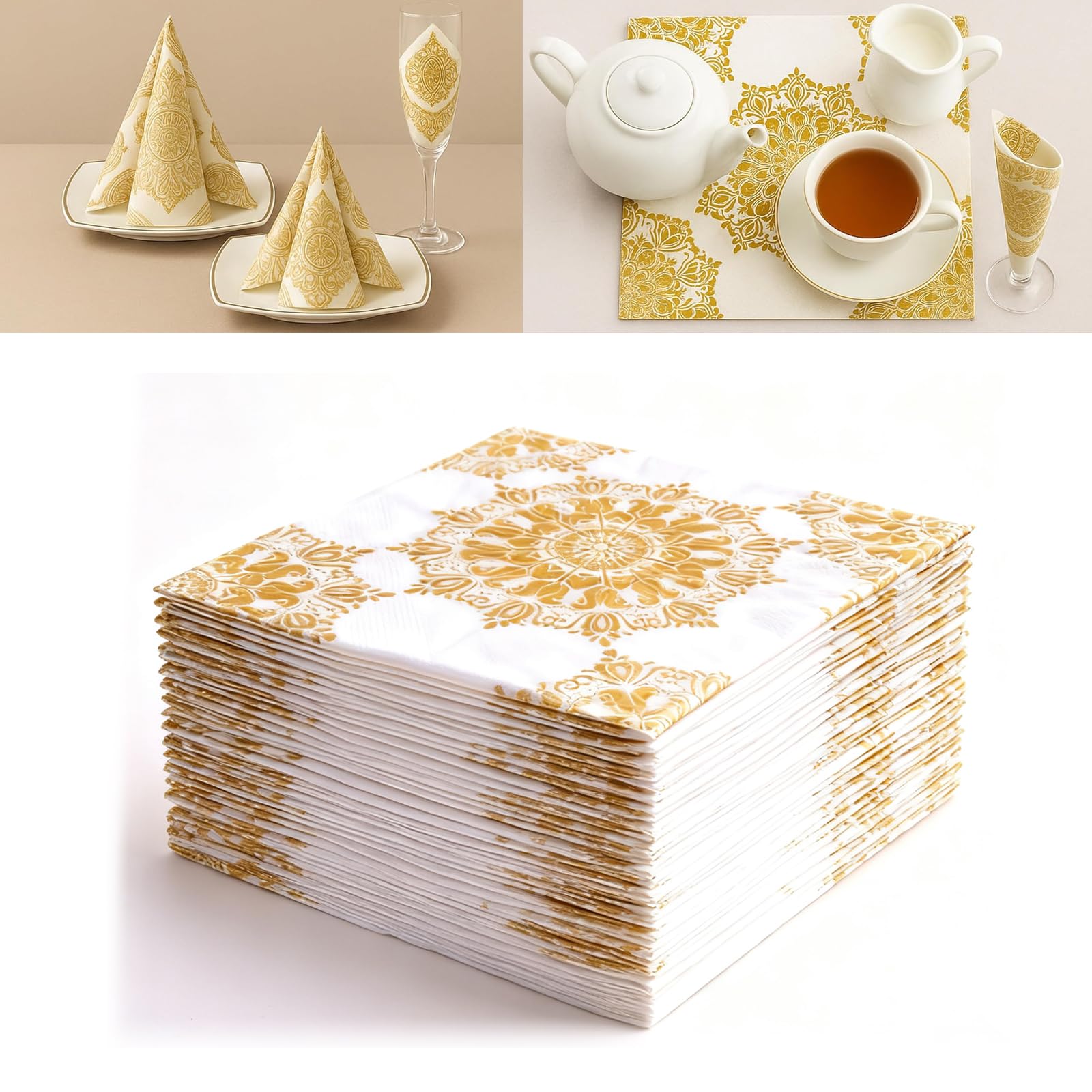 40 PCS White and Gold Flowers Print Napkins, 13 * 13 in Floral Disposable Party Serviettes for Weddings Birthday, Cocktail Napkins for Hotel Home, 2ply 2pack