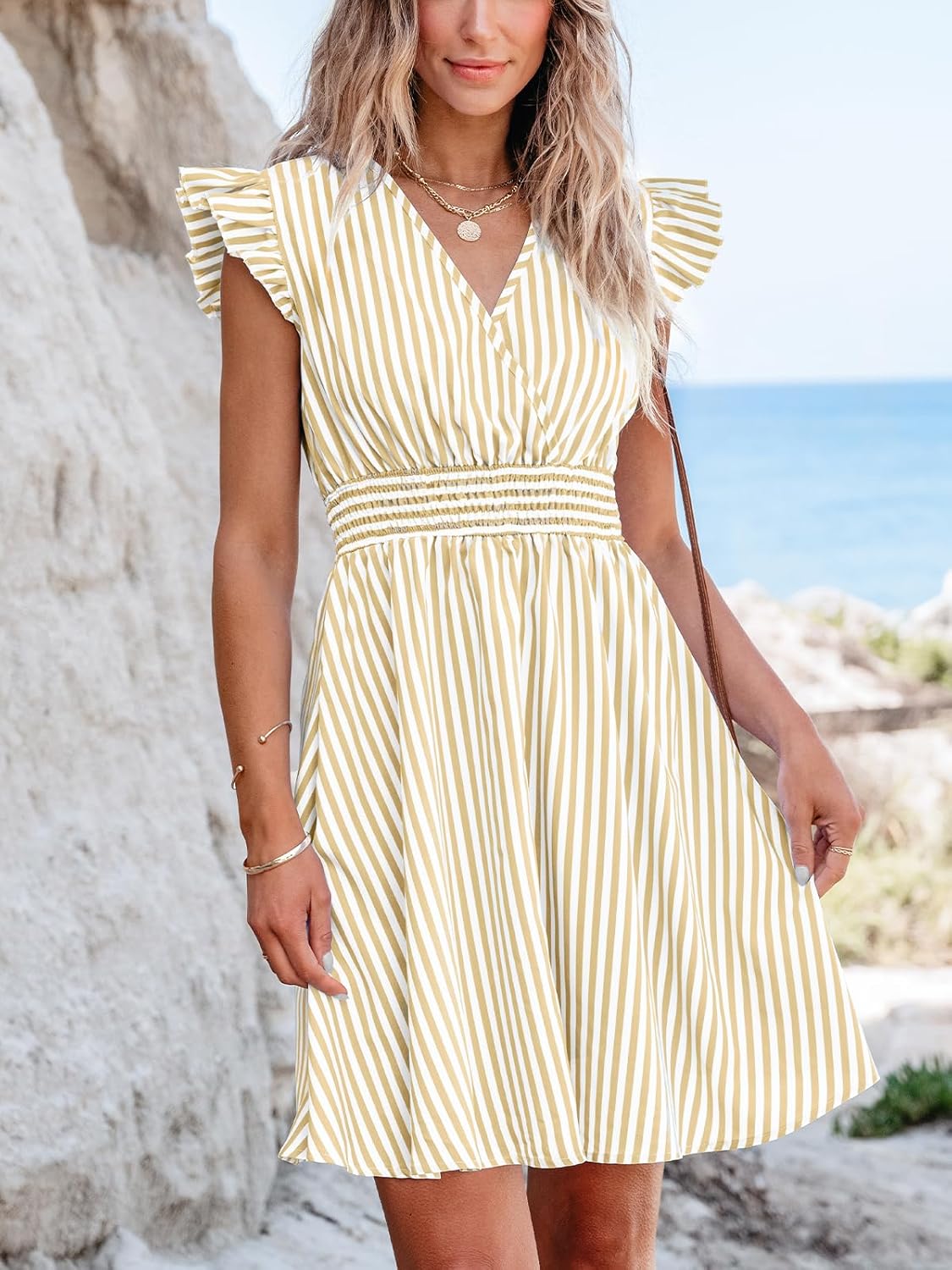 CUPSHE Women's Mini Dress V Neck Flutter Sleeve Striped Smocked Waist A Line Short Summer Cocktail Dress - Image 6