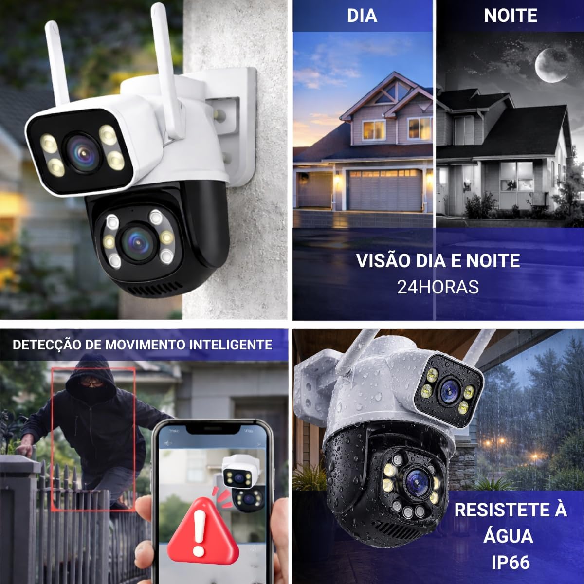 Câmera de Segurança WiFi Externa HD 3MP, IP Sem Fio com Visão Noturna Infravermelha, Dupla Lente Grande Angular, À Prova D’Água IP66, Detecção de Movimento e Áudio Bidirecional PREMIUM
