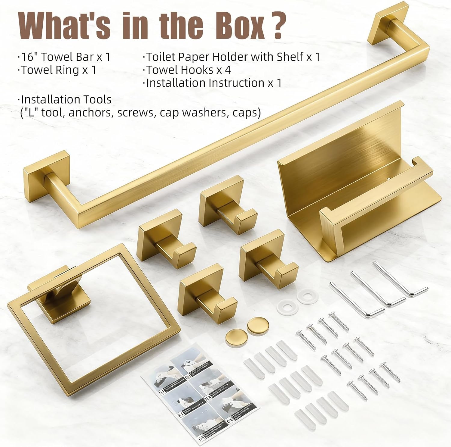 Brushed Gold Bathroom Accessories Hardware Set, 7-Pieces Stainless Steel Towel Racks for Bathroom, 16 Inch Towel Bar, Towel Holders, Updated Toilet Paper Holder with Shelf Wall Mounted