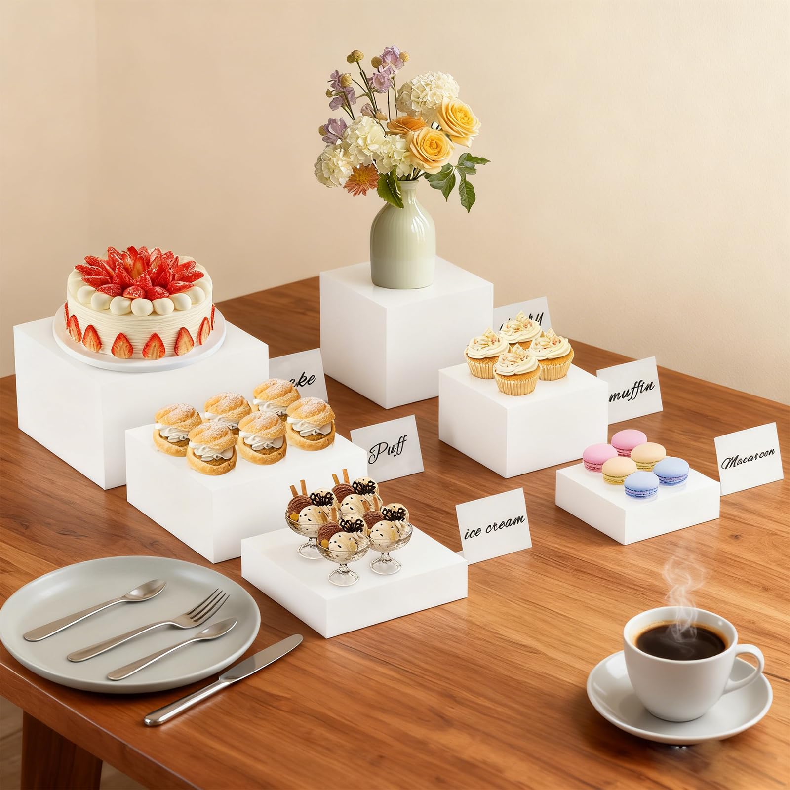 Lot de 6 rehausseurs de buffet en acrylique avec mini panneaux de buffet - Présentoir de table - Différentes tailles - Présentoir alimentaire pour figurines de collection