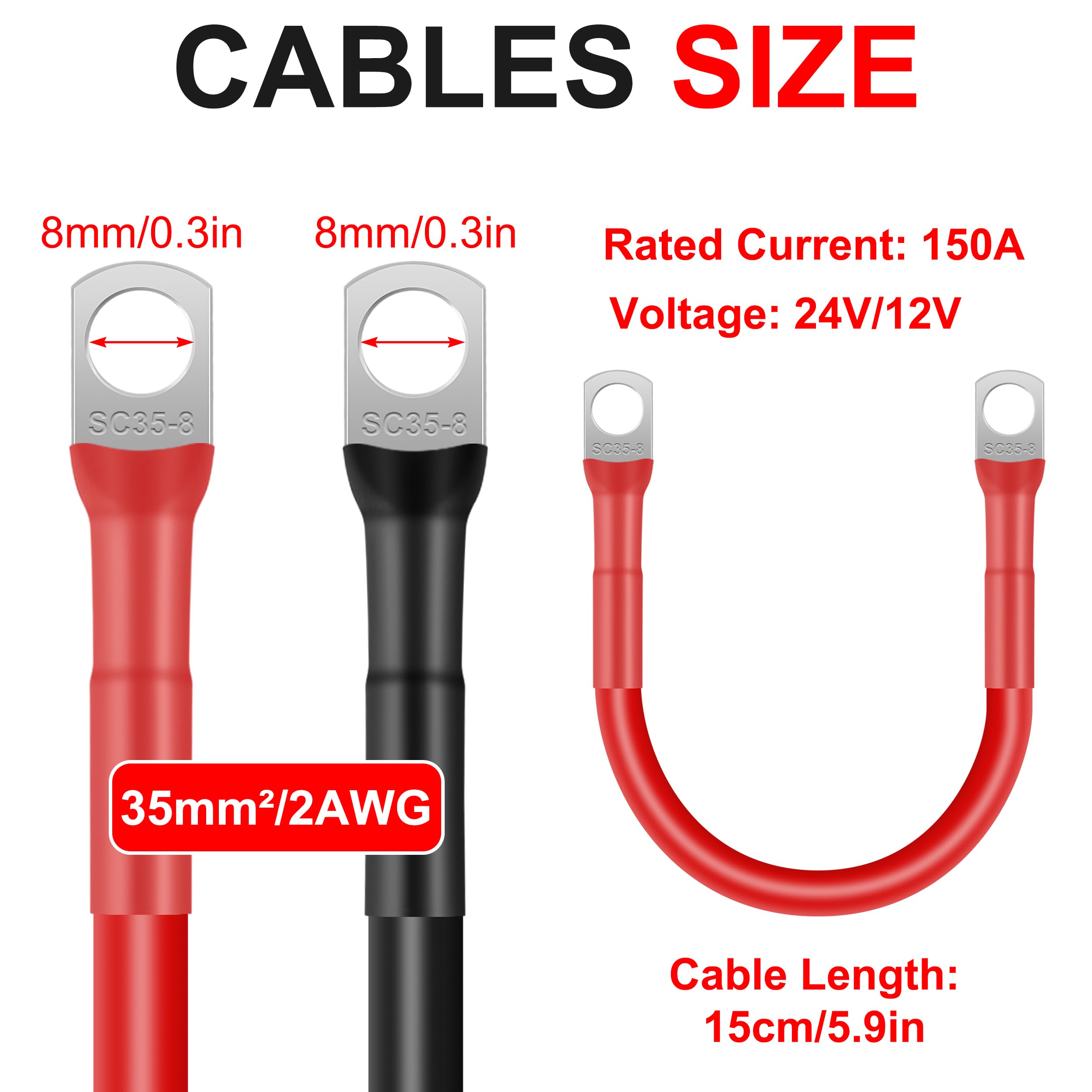 QIMEI-SHOP 2 Piezas Cable Bateria 15cm 35mm² Cable Inversor de Batería 12V 2AWG Cables de Batería con M8 Terminales de Anillo para Automóvil Camión Moto Solar Marino Negro y Rojo