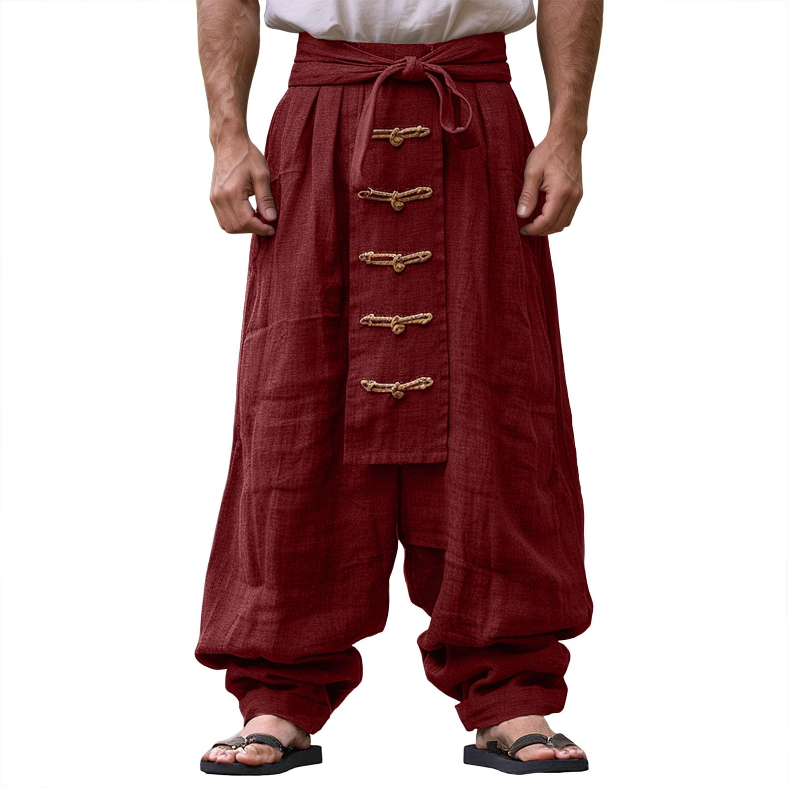 Pantalon médiéval pour homme - Costume de samouraï japonais - Coton et lin - Pantalon sarouel gothique vintage - Pantalon de pirate - Jambes larges - Cordon de serrage - Pantalon hip hop - Pantalon de