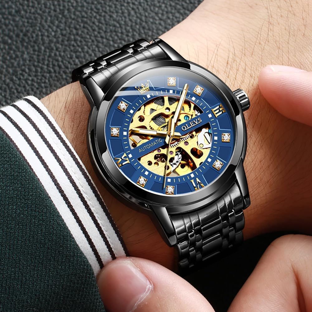 OLEVS Men’s Gold Skeleton Watch Automatic Mechanical self Winding Luxury Dress Stainless Steel Waterproof Luminous Wrist Watches - Image 2