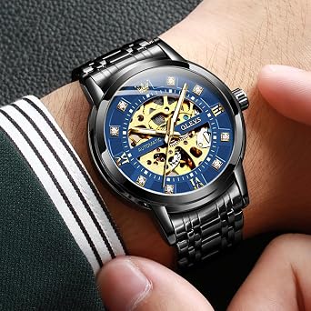 OLEVS Men's Gold Skeleton Watch Automatic Mechanical Automatic Luxury Dress Stainless Steel Waterproof Luminous Wrist Watch, Black Strap & Blue Dial