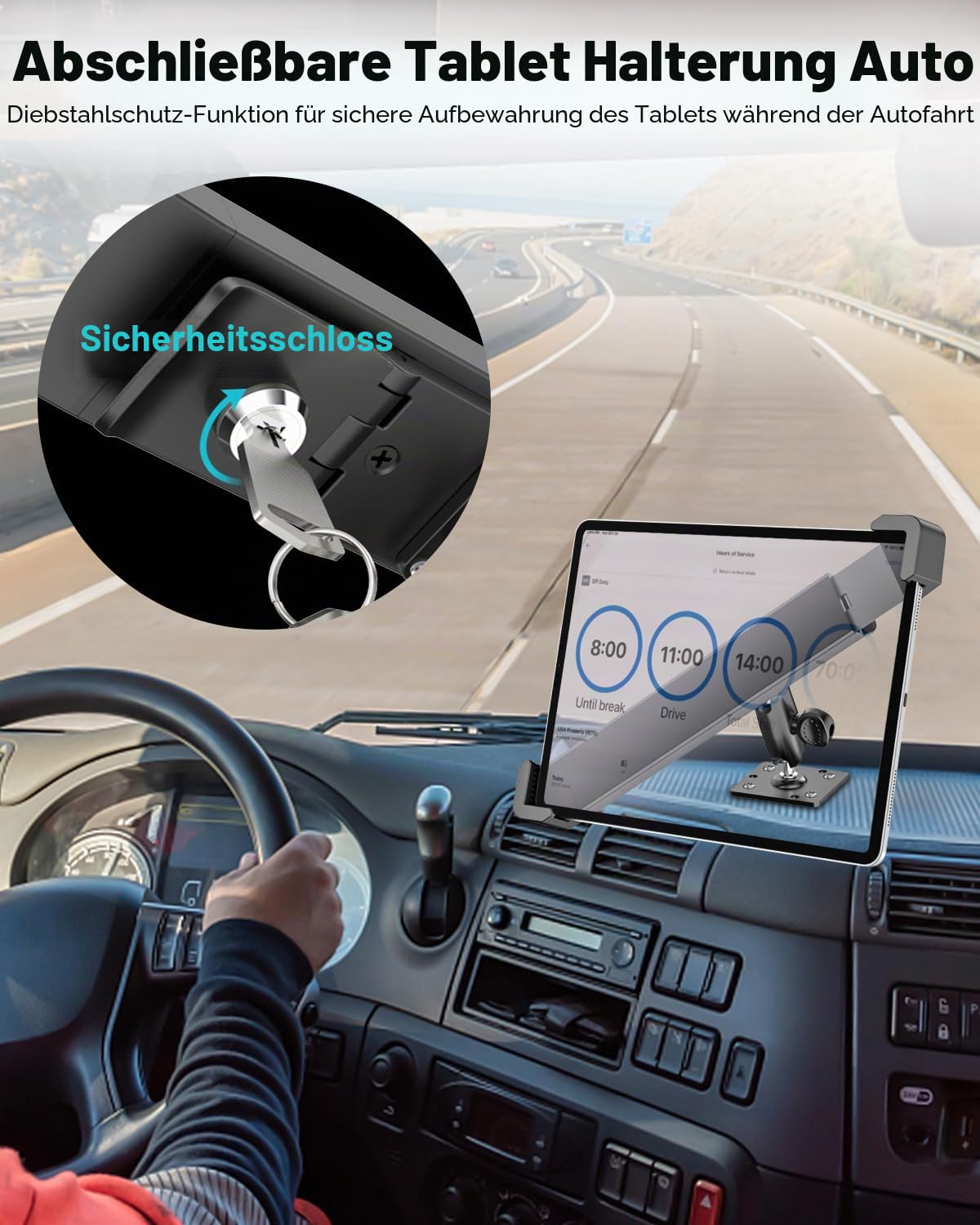 Verriegelbare Bohrbasis Tablet Halterung Auto Armaturenbrett, Robuste Tablet Halter KFZ mit Schloss und Schlüssel, Abschließbar Ständer für iPad 11 Air Mini, ELD, Galaxy Tab, 7-11" Geräte