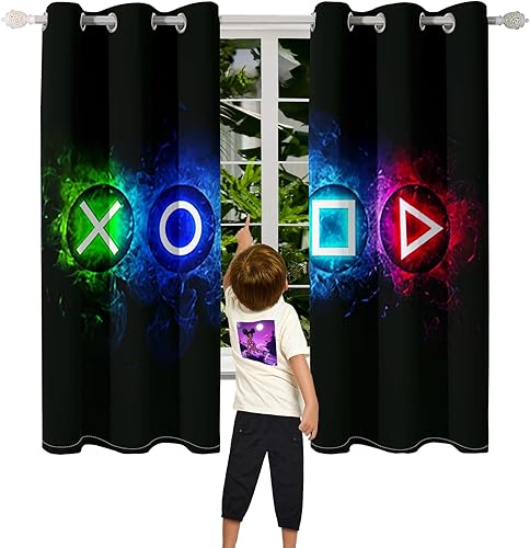Miniatura 2 de Cortinas opacas para dormitorio de niños, cortinas opacas con estampado de consola de videojuegos para adolescentes, niños, decoración de sala de
