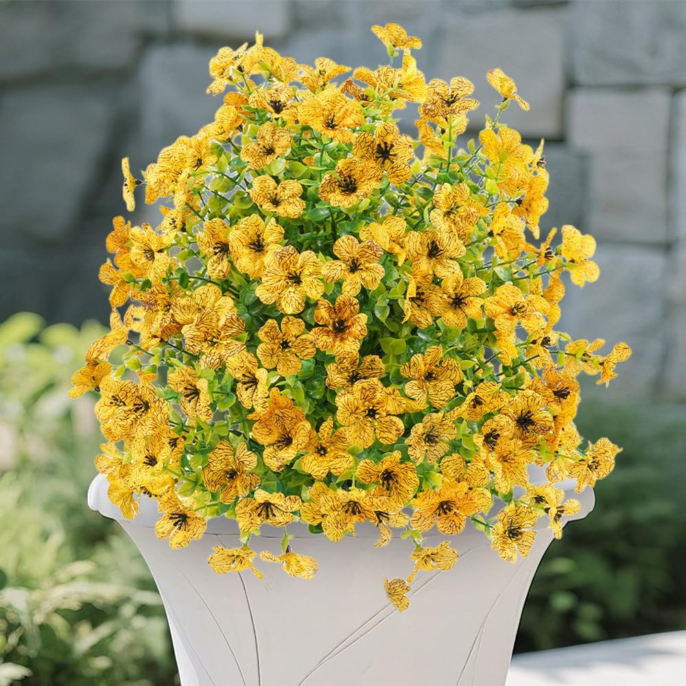 Coloday Artificial Eucalyptus and Violet Ground-Insert Floral Decoration, Artificial Flowers for Outdoor Indoor Garden Home Decoration, Upgrade Lifelike Decorative Flowers for Indoor Outdoor (Yellow)