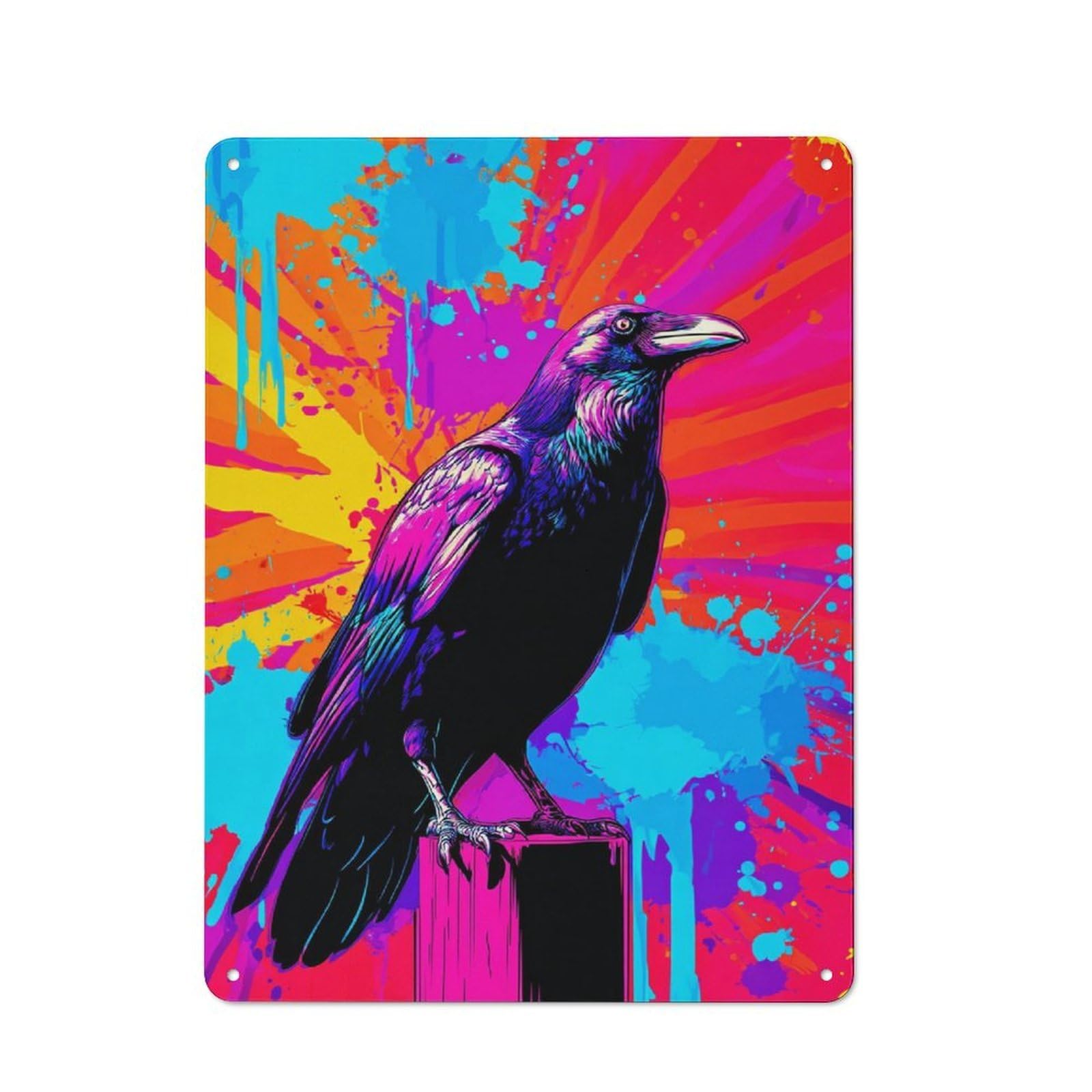 Junmoney Vivid Raven Against Colorful Background Country Metal Sign With Design 40X30cm, Farmhouse Farmhouse Wall Decor For Kitchen, Cottage, Porch Or Garden Room