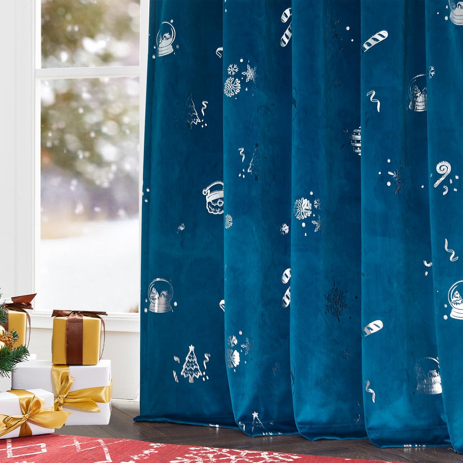 jinchan christmas curtains for living room, winter decor christmas decorations for bedroom velvet curtains 96 inch length, navidad snowflake backdrop room darkening drapes, silver foil on blue 96 inch