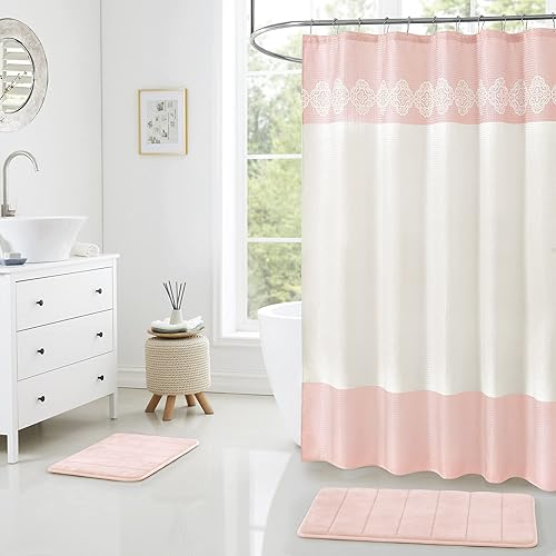 Juego de 15 cortinas de ducha de baño con alfombras de baño de espuma viscoelástica. 2 alfombrillas de baño de color rosa sólido, rosa beige, diseño