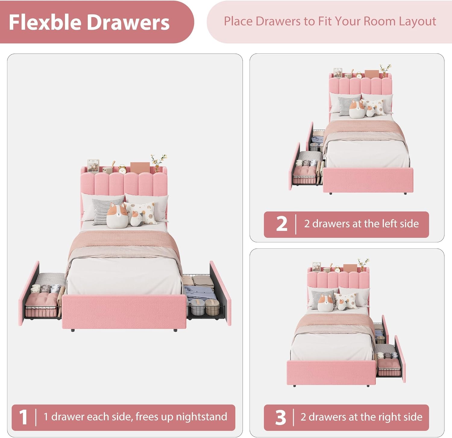 IDEALHOUSE Twin-XL Size Bed Frame with LED Headboard and Storage Drawers, Platform Bed with Wavy Headboard and Bookcase, No Box Spring Needed, Upholstered Bed for Girls, Pink
