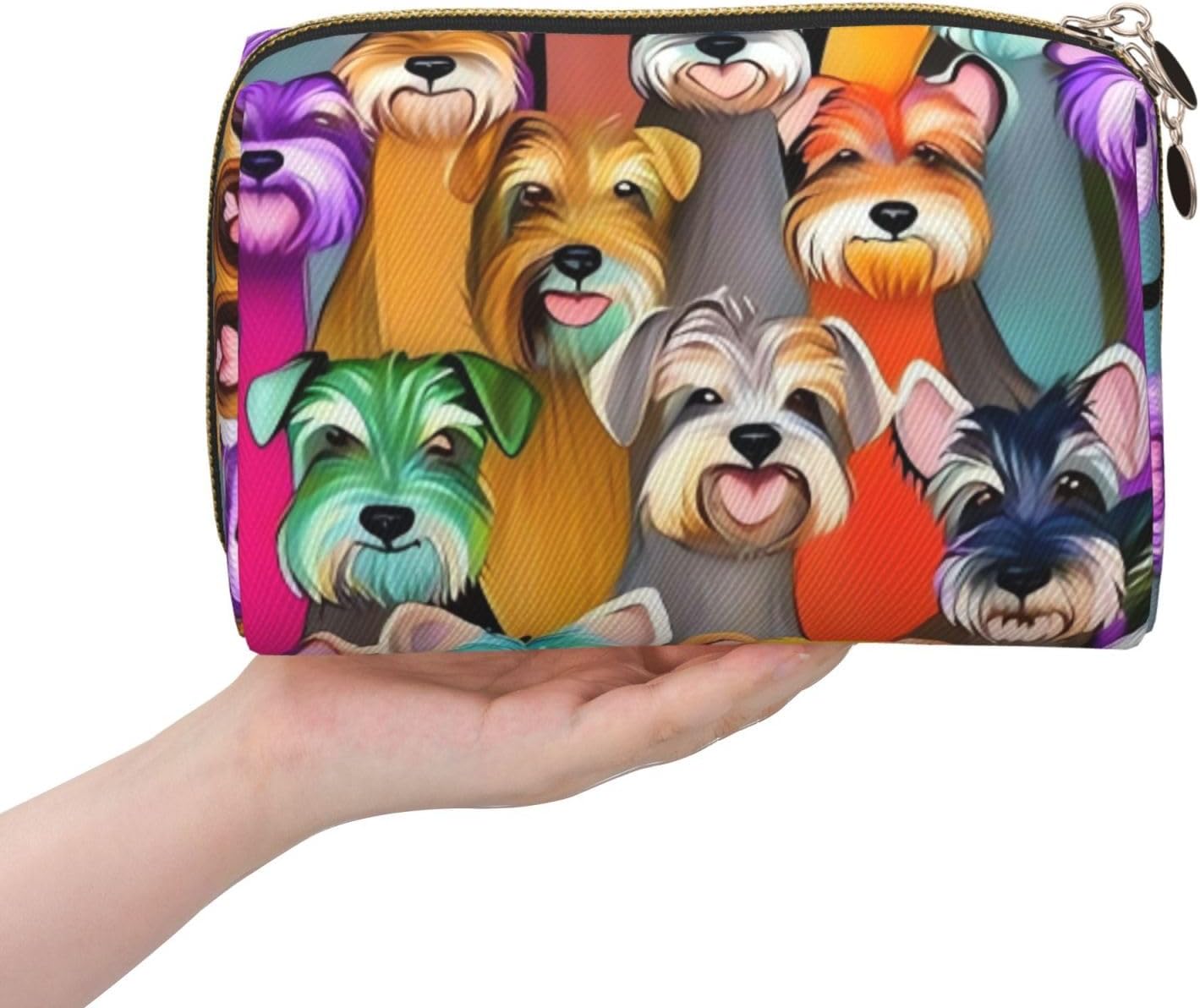 PU Leather Makeup Bag Large Capacity Portable Travel Cosmetic Bags Organizer Waterproof Toiletry Bags Flat Open Make up Pouch Oil Cute Schnauzer Dogs Bathroom Bag for Women Gifts image 3