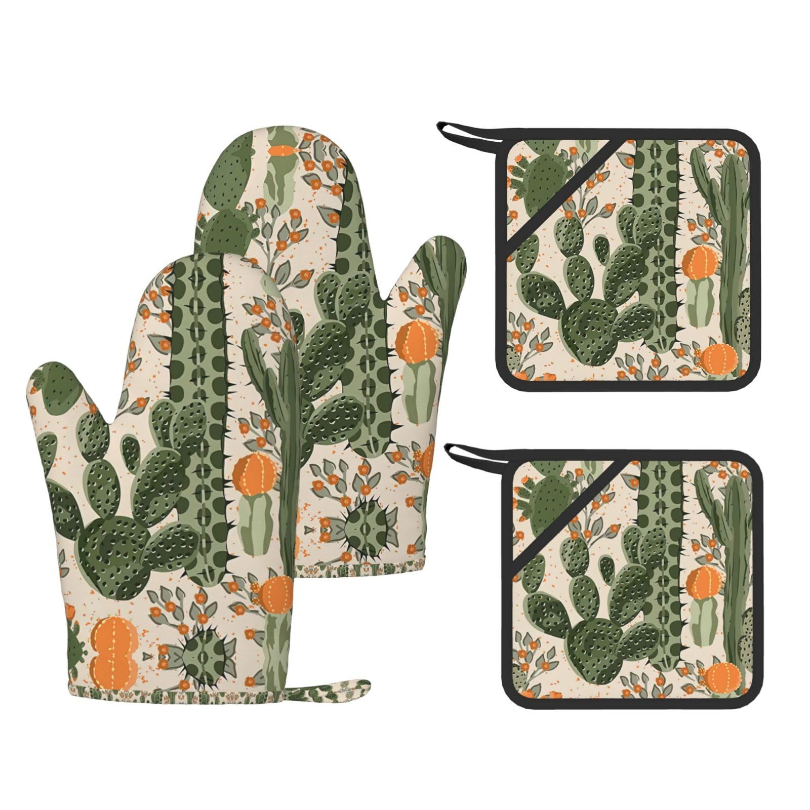 Green Cactus Printed Pot Holders and Oven Mitts 4-Piece, Non-Slip Kitchen Gloves with Utensil Pocket for BBQ