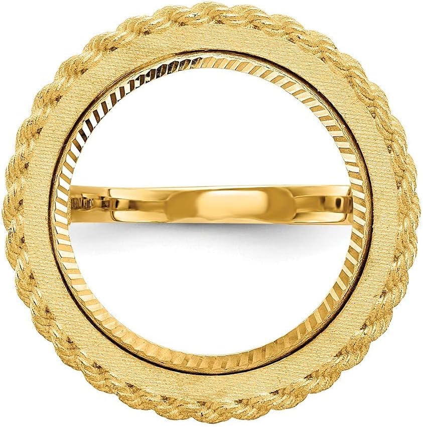 Roy Rose Jewelry Gold Coin Ring Mounting - Ladies Open Sides Rope Frame Diamond-cut Bezel Design - 16.5mm Size Coin - 14K Yellow Gold - for US 1/10th American Eagle Coin