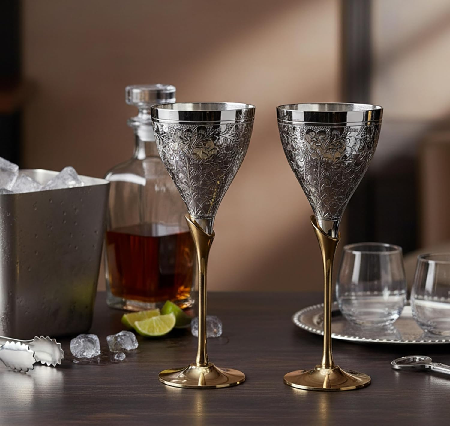 StonKraft eSplanade Engraved Brass Goblet Champagne Glasses Flutes Coupes Wine Glass Set (Thick) - Silver Polished