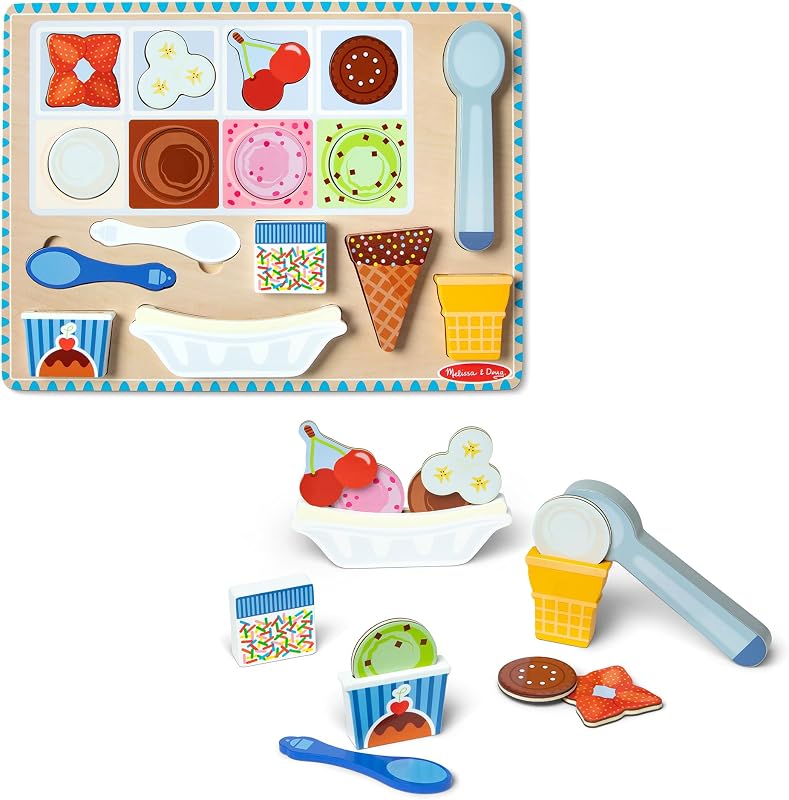 Ice Cream Wooden Magnetic Puzzle Play Activity Set, 16 Magnet Pieces, Play Food Toy for Boys and Girls Ages 2+