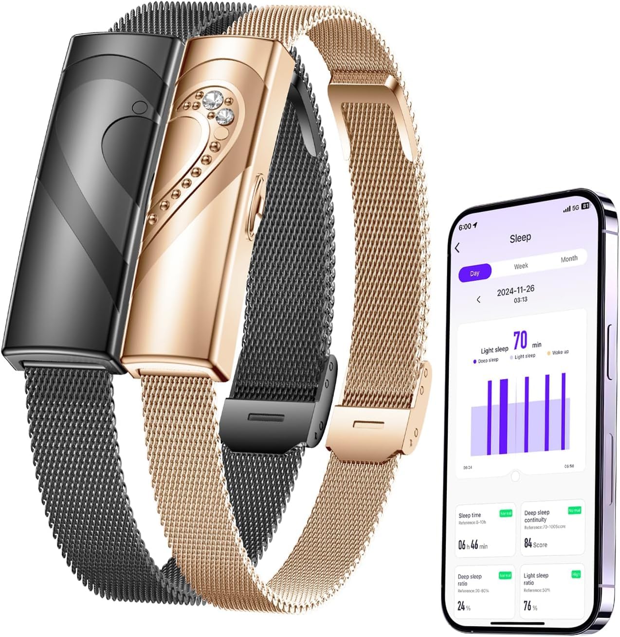 Couples Bracelets, One-to-One Bluetooth Pairing via App, Fitness Tracker with Health Monitoring: Sleep, Pedometer, Heart Rate, HRV, Long Distance Valentines Day Gifts-image-47