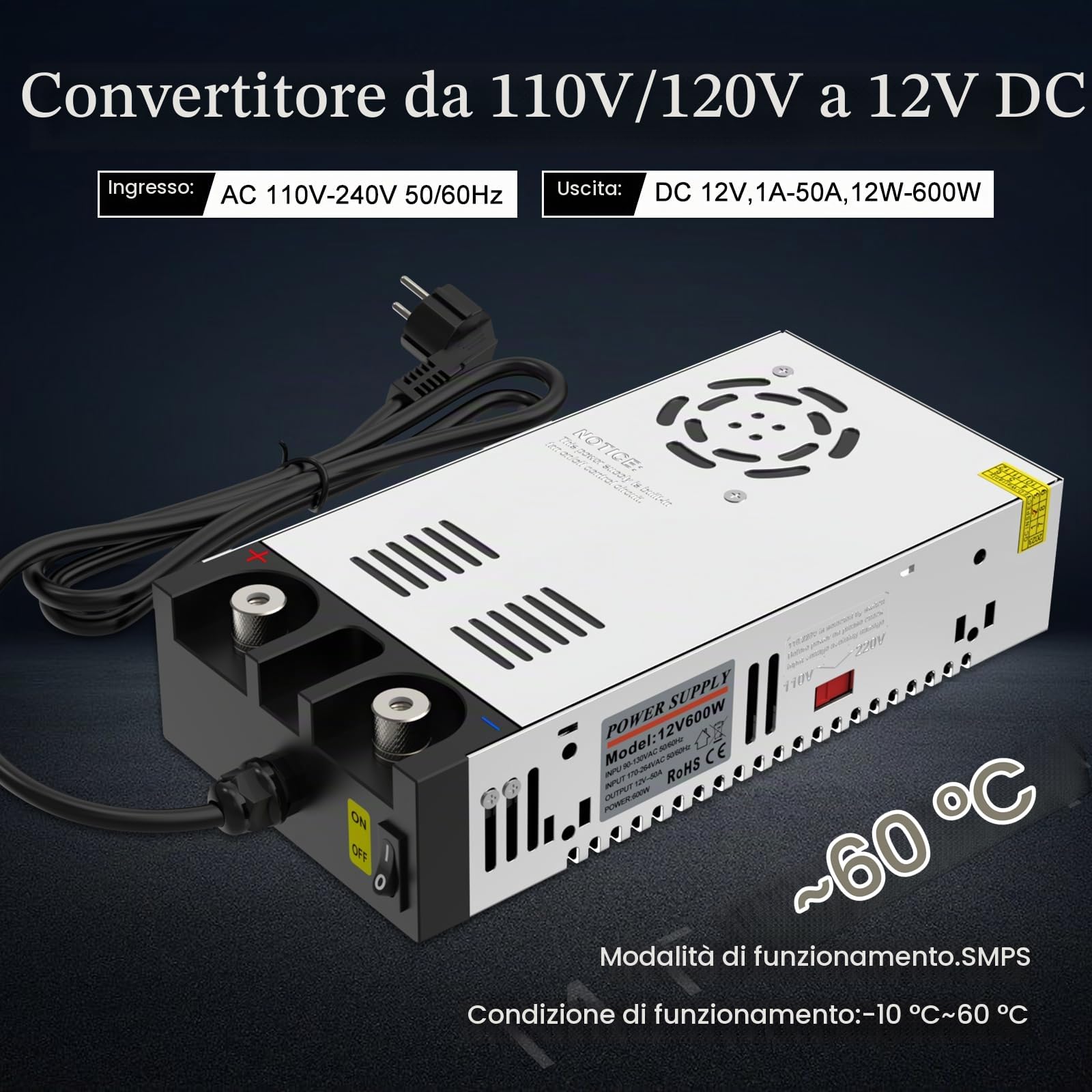 IMAYCC Alimentatore 12V 50A 600W, Trasformatore 220V 12V AC Alimentatore Switching Trasformatori per Riscaldamento Ausiliario, Alimentazione di Laboratorio, Illuminazione a LED, Sistemi Industriali.