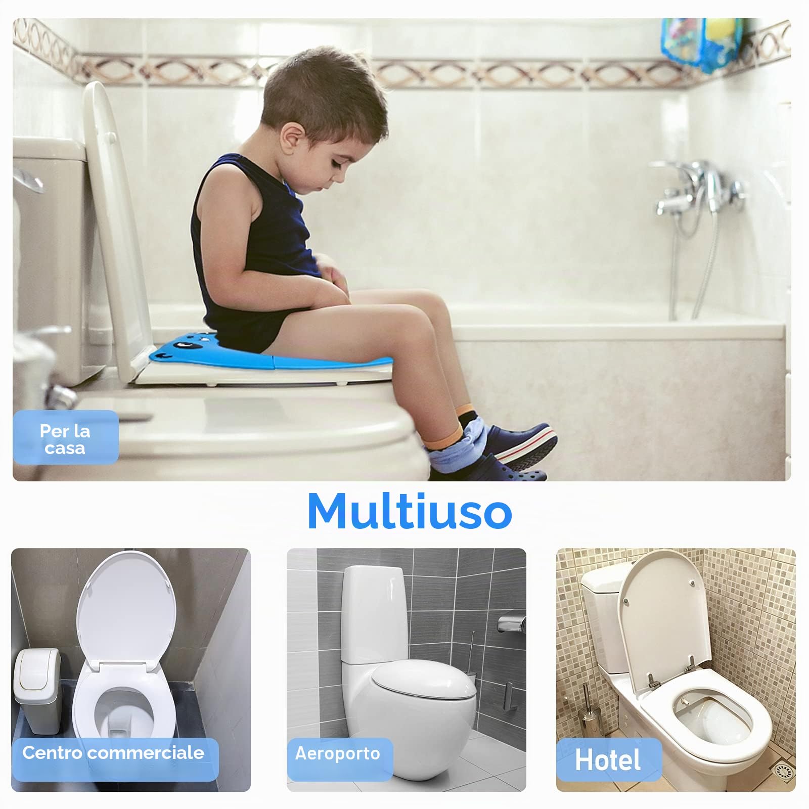 Riduttore Water Bambini Vasino per Bambini, WC Riduttore Toilette Sedile, Vasino Portatile da Viaggio Sedile con 8pcs Cuscinetti Antiscivolo e 1 Borsa per il Trasporto, Panda Blu