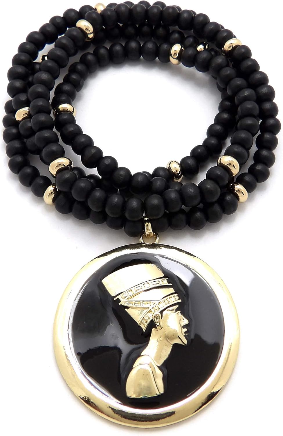 CBC Crown Egyptian Adinkra Cleopatra Falcon Round Medallion Pendant 6mm 18"/20"/24"/30" Wooden Bead Necklace in Gold Tone