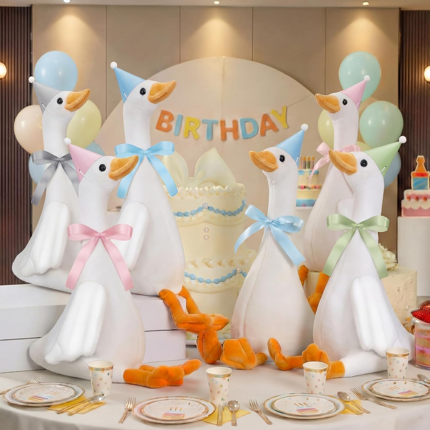 6 Sets One Silly Goose Party Favor 11.8 Inch Plush Stuffed Animal Adopt a Goose Party Favor with Mini Hat Ribbon for Girl Boy Baby Shower 1st Birthday Decoration Gift(Colorful,Silly Style)