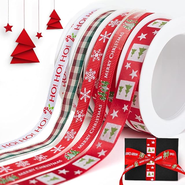 Christmas Grosgrain Ribbon, 5 Rolls Red Merry Christmas Ribbon Xmas Tartan Satin Wrapping Ribbon with 5 Patterns, 25M Wide Christmas Ribbons for Gift Wrapping/Crafts/Xmas Cards Wreaths Tree Bows Decor