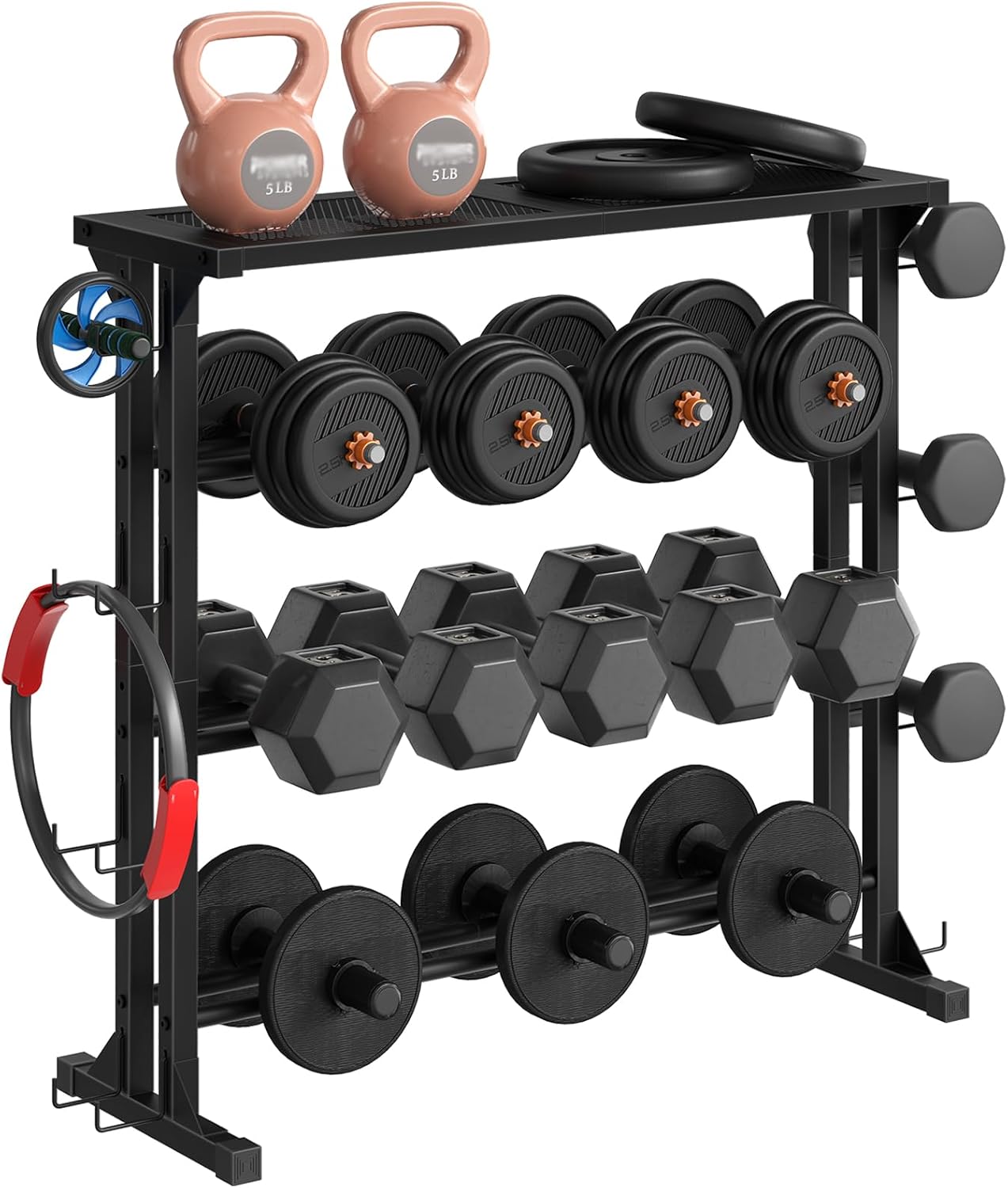 HOOBRO 4-Tier Dumbbell Rack, Weight Rack Heavy-Duty Weight Stand with Non-Slip Floor Protection & Side Hooks, Multi-Tier Storage Organizer for Home and Professional Gym Use, Black BK87CJ01N1