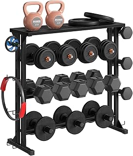 HOOBRO 4-Tier Dumbbell Rack, Heavy-Duty Weight Stand with Non-Slip Floor Protection & Side Hooks, Multi-Tier Storage Organ…