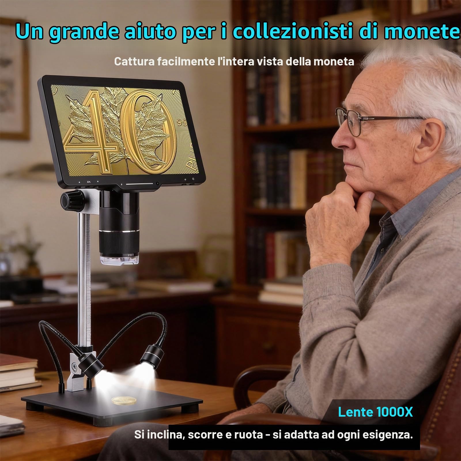 Microscopio digitale Pro con display IPS da 10,1 pollici, 3 obiettivi (1000X-2500X) per saldatura e biologia, fotocamera 2K, anello luminoso a 144 LED, HDMI/USB, 32 GB per bambini e professionisti