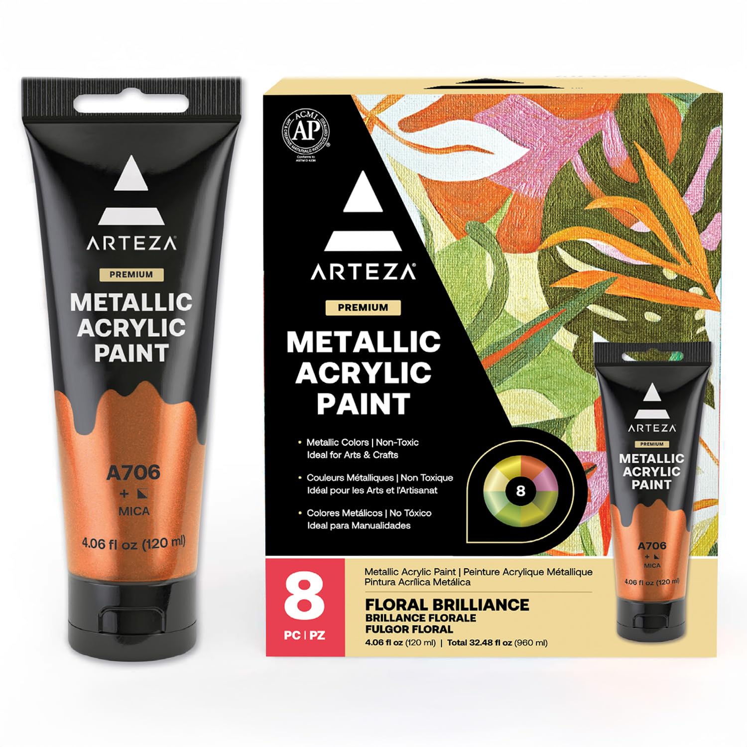 ARTEZA Metallic Acrylic Paint, Set of 8 Floral Brilliance Colours in 120 ml Tubes, Rich Pigments, Non Fading, Non Toxic Paints for Artists & Hobby Painters, Art Supplies for Canvas Painting & Crafts