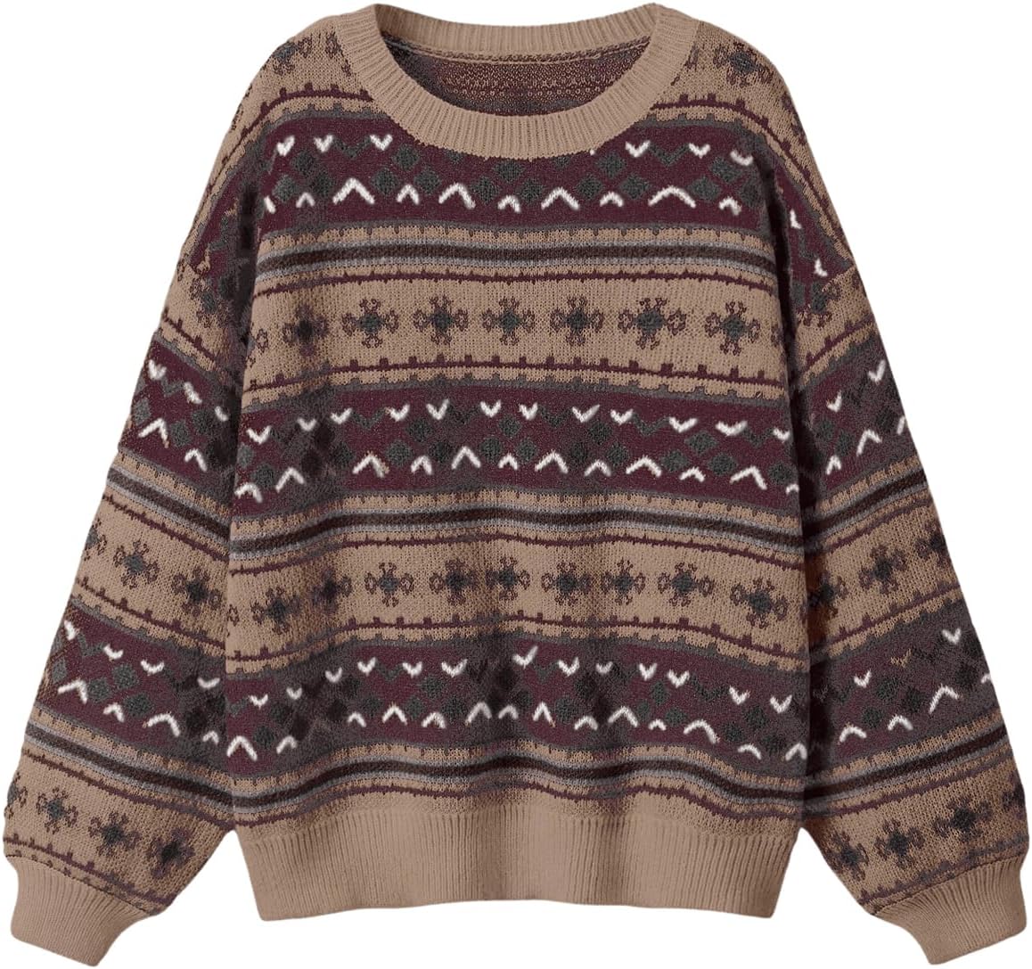 MakeMeChic Women's Winter Christmas Sweaters Grandpa Vintage Striped Oversized Long Sleeve Crew Neck Brown Knit Sweater