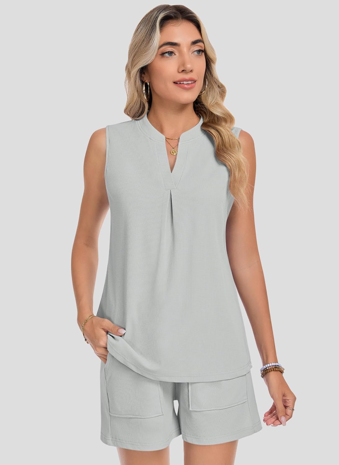 AUSELILY Women's Two Piece Sets Waffle Knit Summer V Neck Sleeveless Pleated Shorts Set Matching Sets Women Clothing 2026 - Image 4