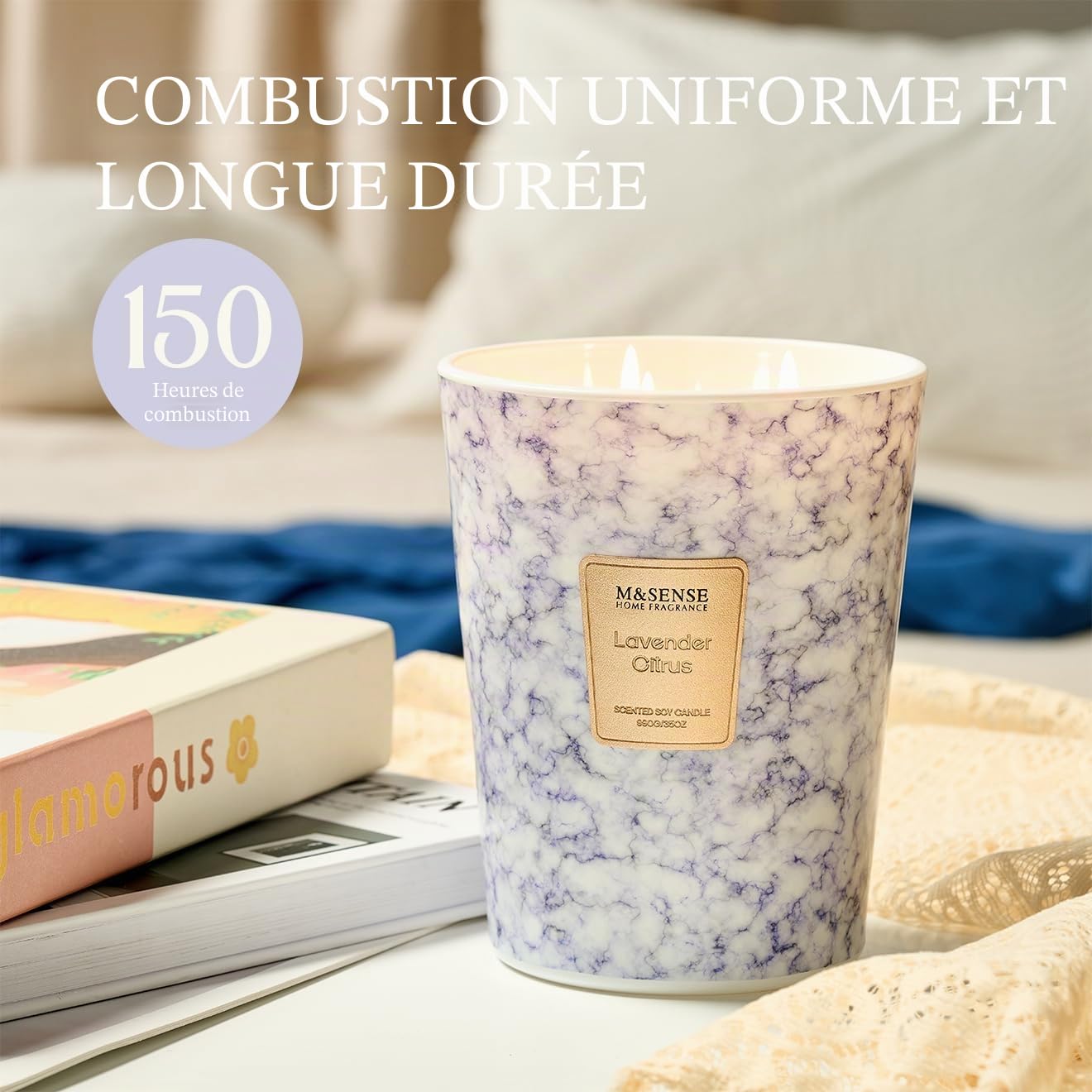 M&SENSE Bougie parfumée 990g|Lavande Agrumes|150h de combustion & 3 mèches|Bougie Decorative naturelles en cire de soja|Aromathérapie relaxante|Cadeau pour femme & homme,Modern Marble Jar
