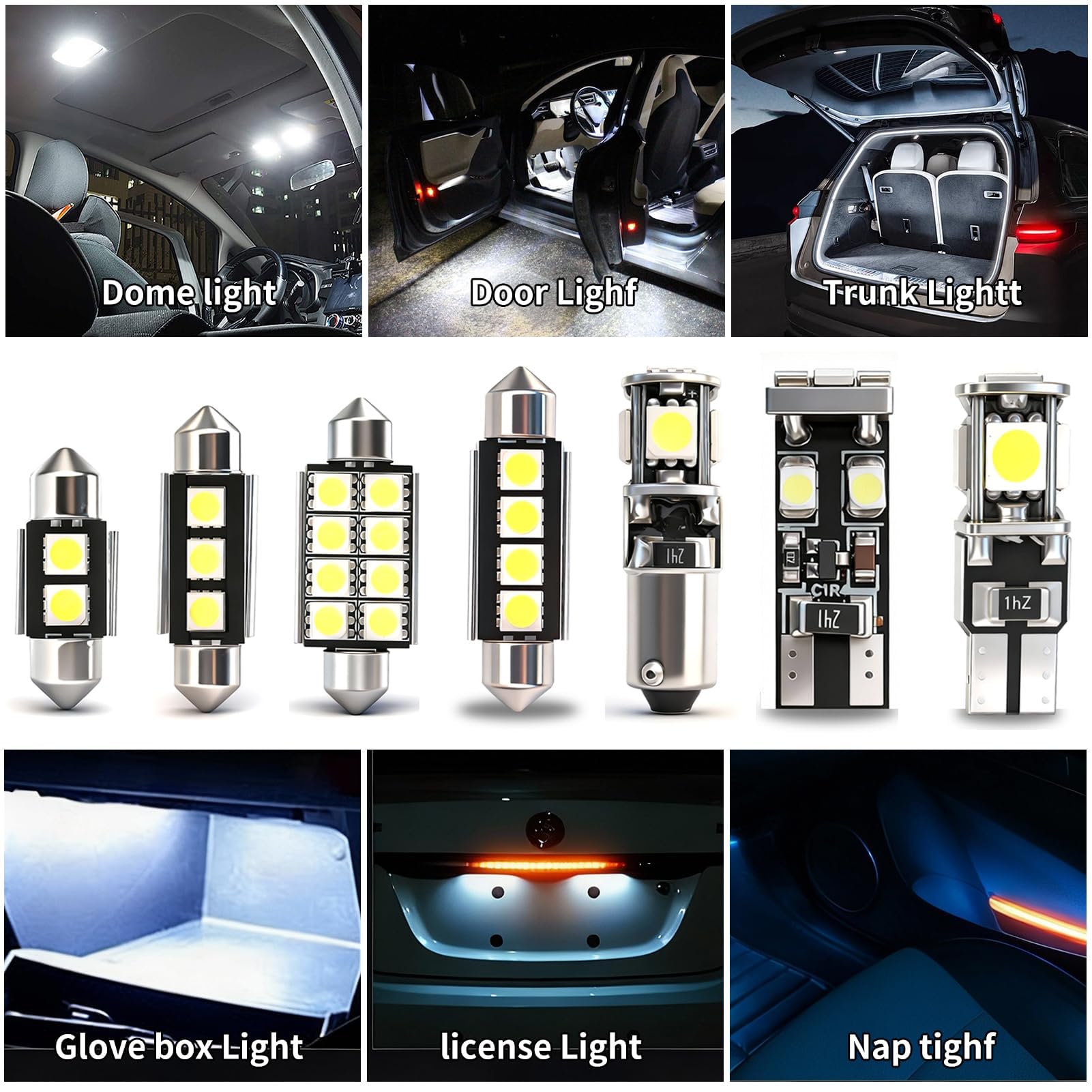 HOMTRAK Kit 23 Bombillas luces LED Interior Coche 6000K Blanco Xenón, Sin Errores, C5W Festoon 31/36mm + T10 W5W 168 194 2825, para Domo Mapa Puertas Maletero Matrícula luces interiores para coche — view 5