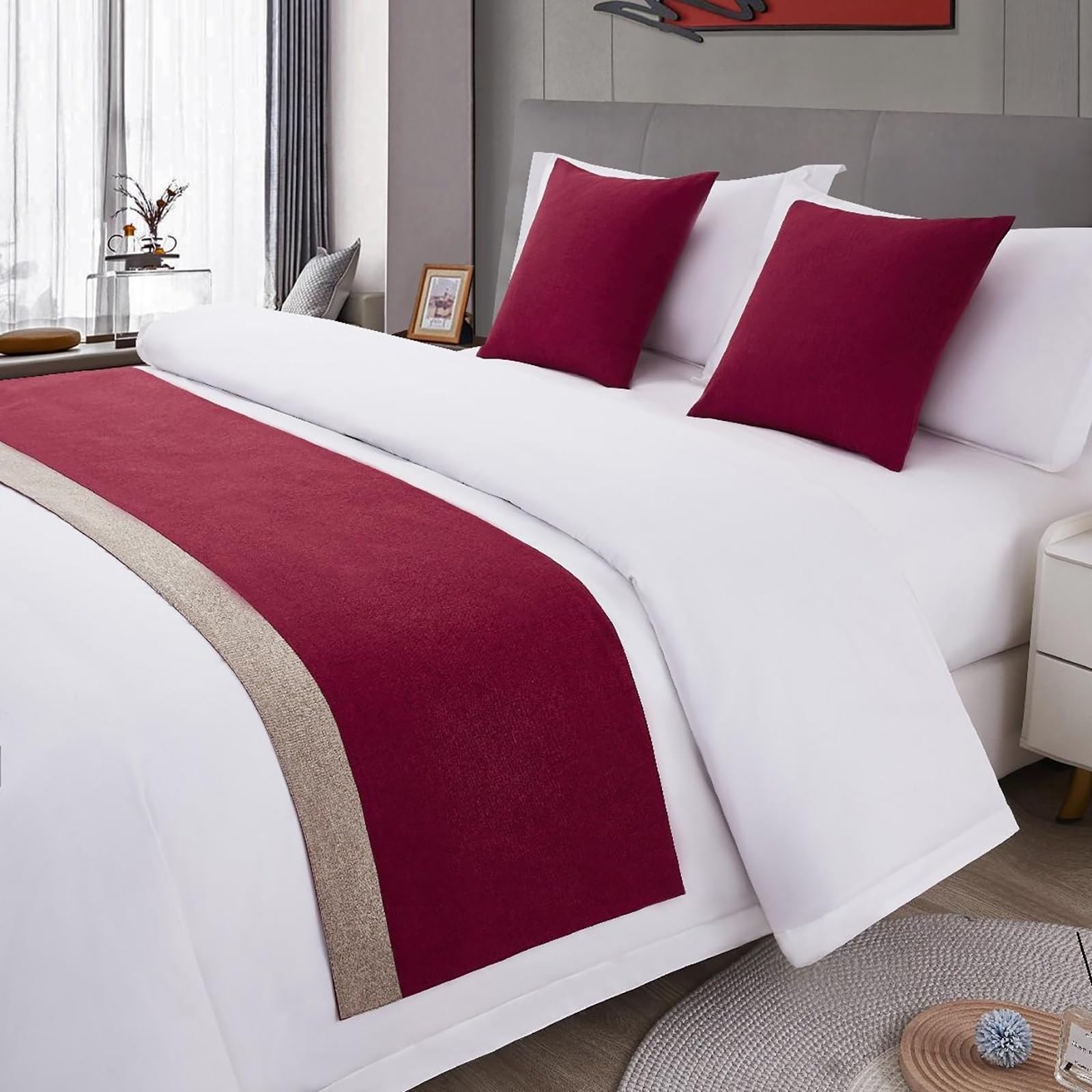 VNVFJKLO bed runner, Bed Runner Scarf Bicolor Splicing Runners King Size Cotton Hemp Bedding Scarves Protection For Bedroom Hotel Wedding Room Bedspread For Foot Of(F,50 * 240cm for 180cm Bed)