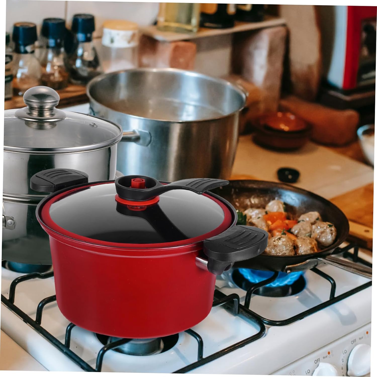 OUNONA Micro Pressure Soup Pot Red Non Stick Low Pressure Cooker with Heat Resistant Double Handles for Household Multifunctional Cooking and Even Heating