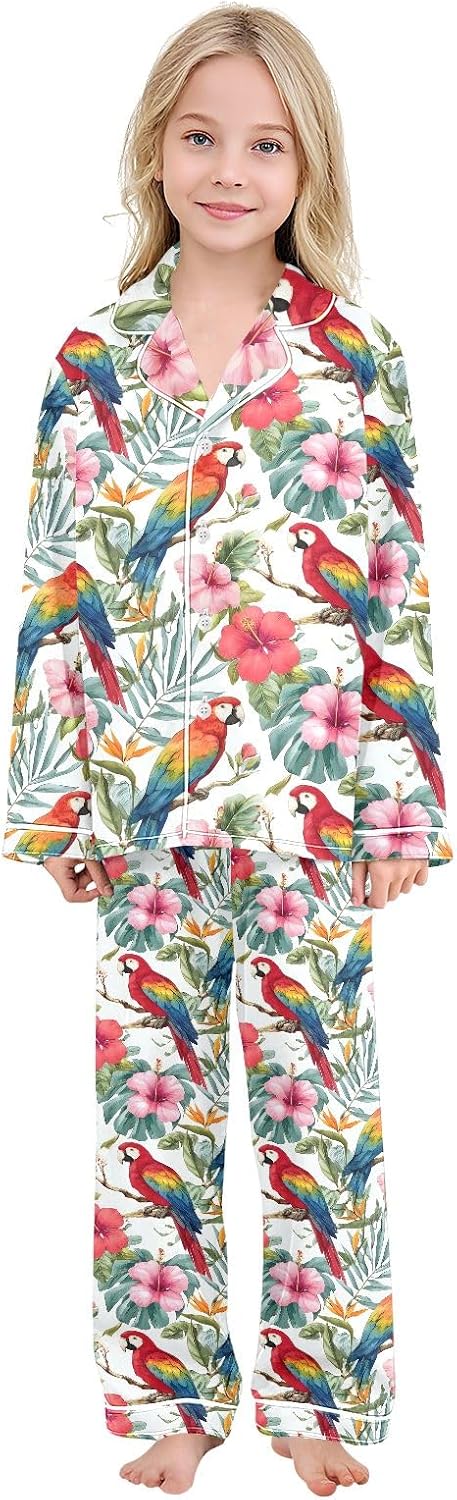 Kids Casual Satin Wear Set Tropical Hibiscus Parrots Unisex Relaxed Fit Clothing