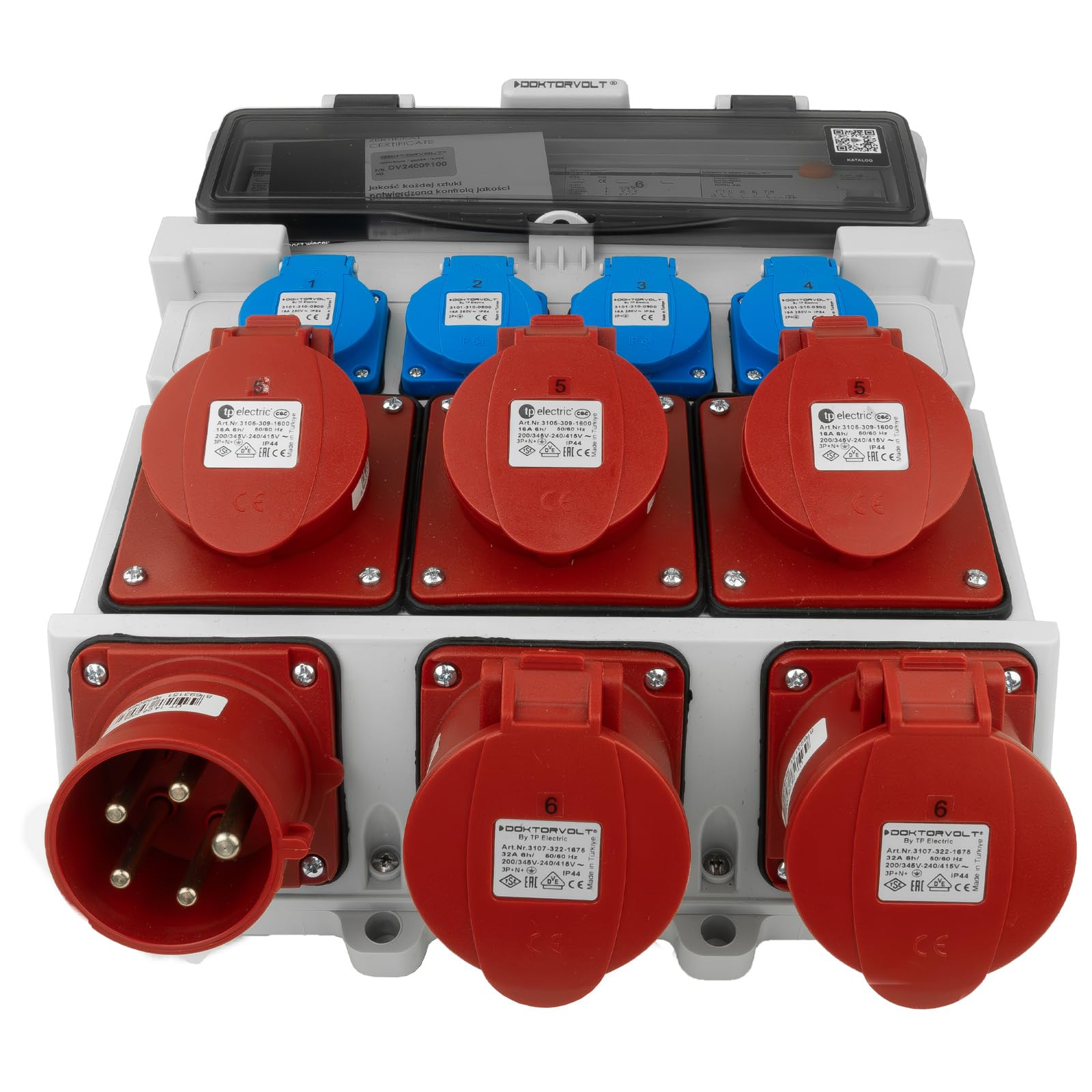 Doktorvolt Stromverteiler Baustromverteiler 3x16A 2x32A CEE 4x230V mit Handgriff und Anbaustecker DV-5053-D TR-S/FI