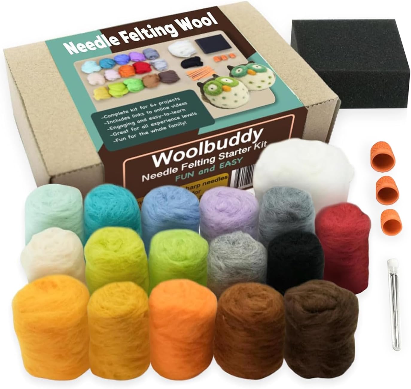 Woolbuddy Needle Felting Wool Kit โ Starter Set to Make 6 Cute Animals โ Includes Wool, Pad, Needles & Instructions for Beginners and Adults