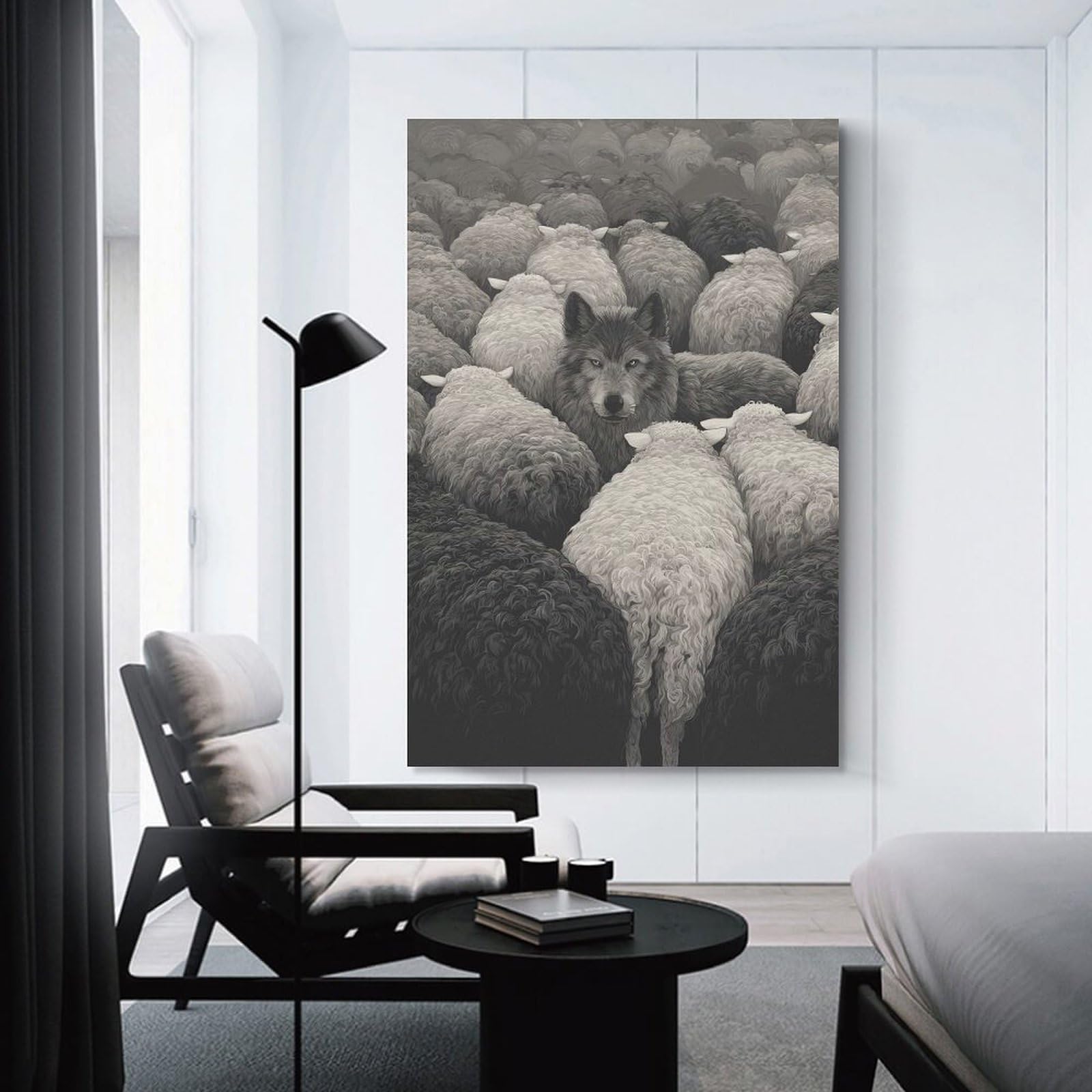 Junmoney Canvas Wall Art Wolf Among Sheep, 08x12inch(20x30cm), for Lounge Decor, Bedroom Walls Or Flats, A Home Accent with Warm Character