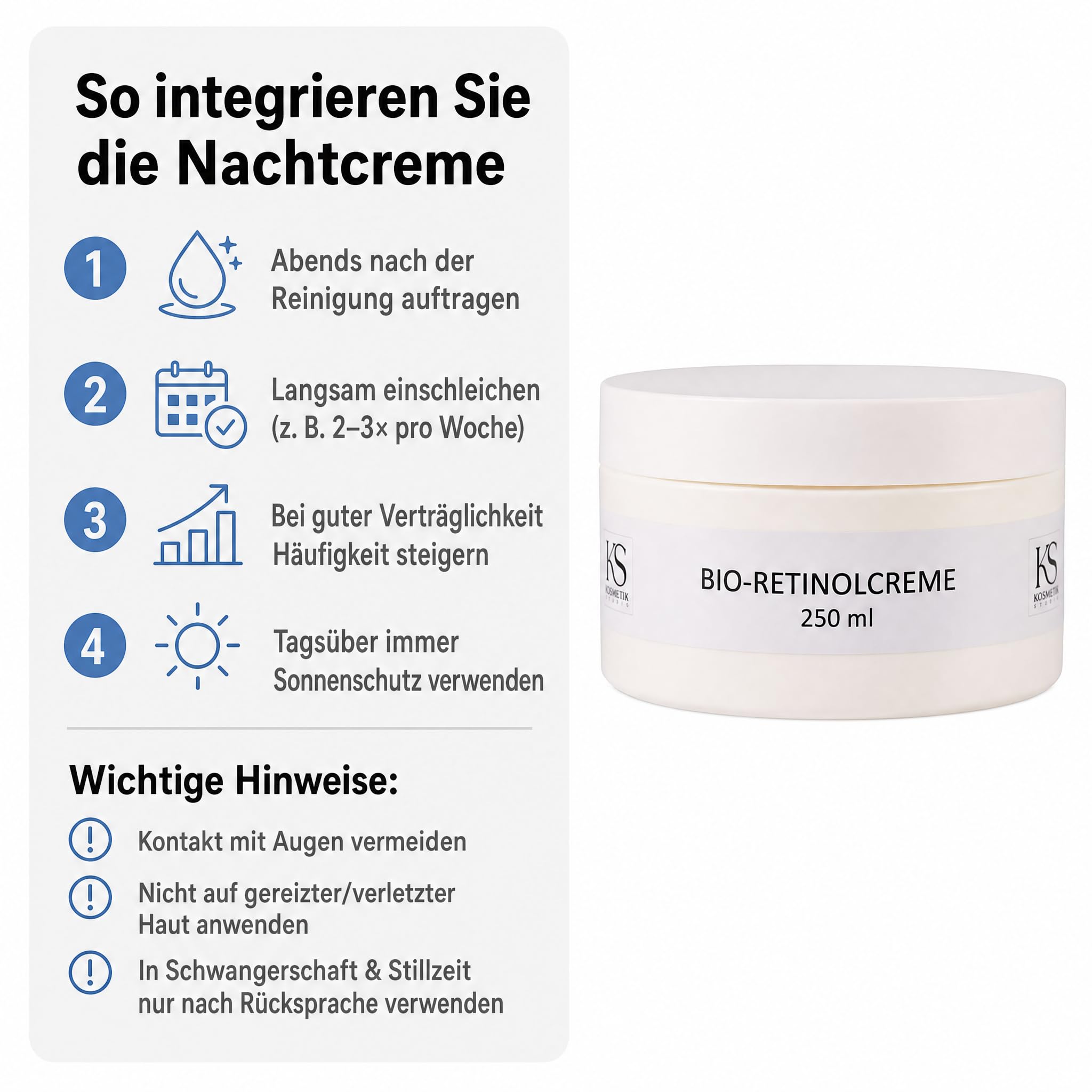 KS Beauty Bio Retinol Creme Nachtcreme, 250 ml, Anti-Aging | Reichhaltige Nachtpflege mit Retinyl Acetate, Niacinamid & Q10 – für Gesicht, Hals und Dekolleté