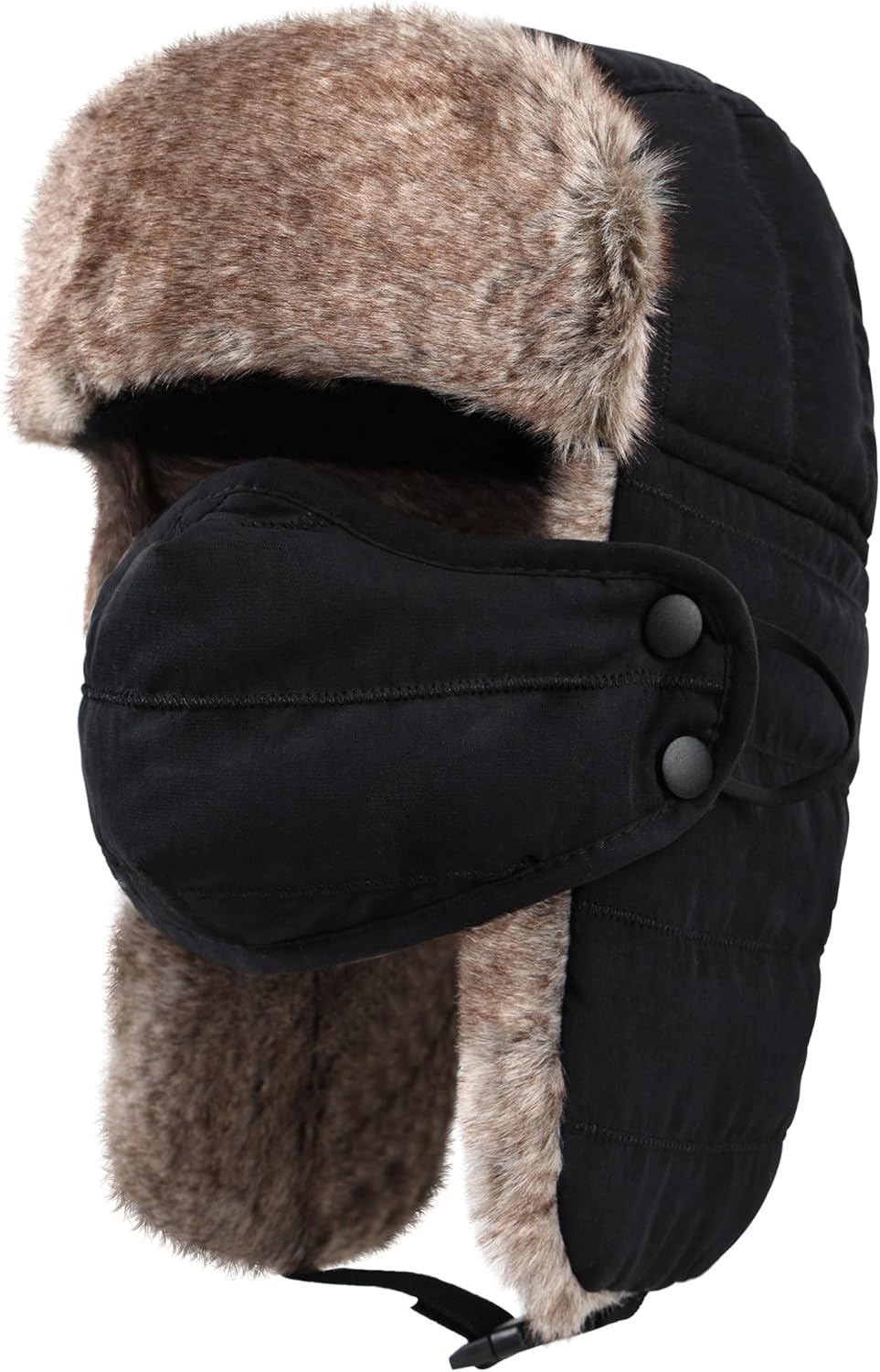 Men’s Warm Winter Trapper Hat with Removable Face Mask, Faux Fur Hunting Outdoor Hat with Earflaps Black