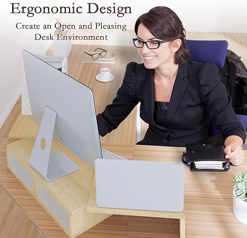 Miniatura 4 de TEAMIX Soporte elevador de monitor doble, soporte de monitor blanco ajustable de longitud y ángulo con 2 cajones para almacenar gran elevador de