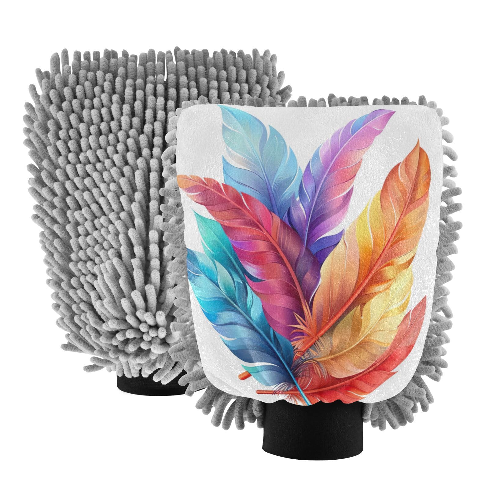 Kigai Colored Feathers Car Wash Mitt Microfiber, 2Pcs Scratch Free Lint-Free, Premium Chenille Microfiber Mitt Car Wash Brush-L