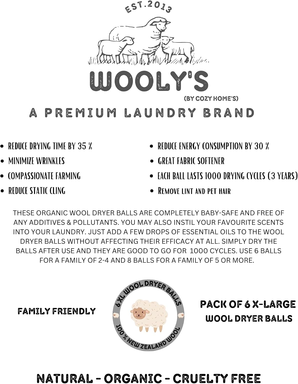 6-Pack Organic XL Wool Dryer Balls, Natural Fabric Softener, 1000 Drying Cycles, Replaces Dryer Sheets, Eliminates Wrinkles & Pet Hair & Static Cling, 45% Less Drying Time, 45% Less Energy, Baby-Safe