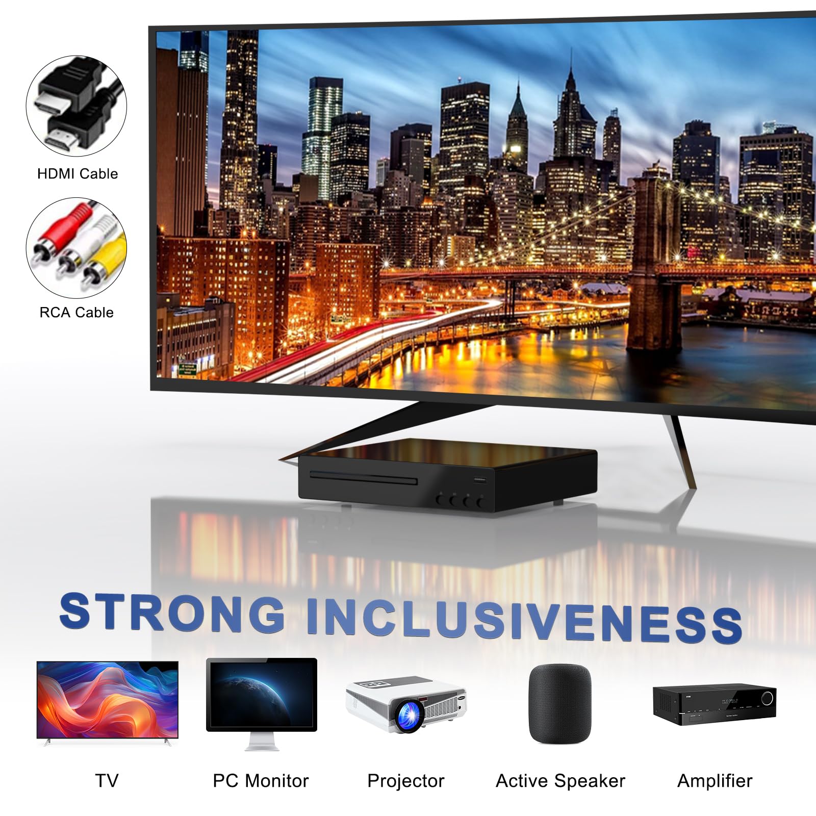 Reproductor de DVD compacto con conexión HDMI, reproductor de DVD Full HD 1080P para TV compatible con NTSC/PAL, conexión USB integrada, reproductor de DVD sin regiones Compatible con Smart TV/Sound